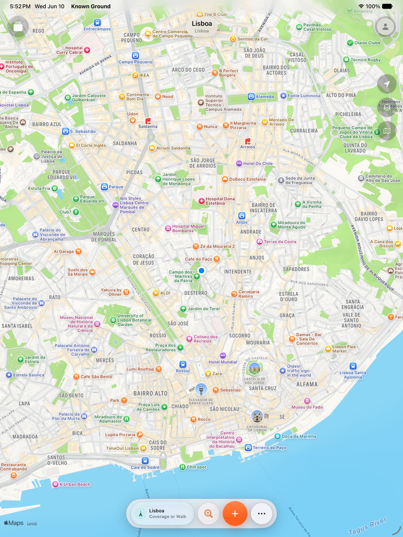 Known Ground map centered on Lisbon with map controls and travel dock.
